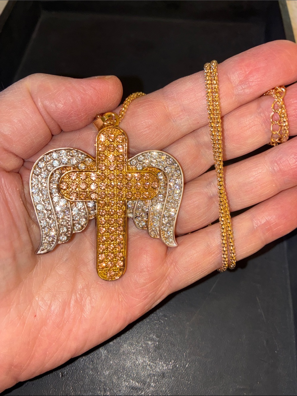 Gold and Clear Crystal Angel Wings Cross Pendant Necklace